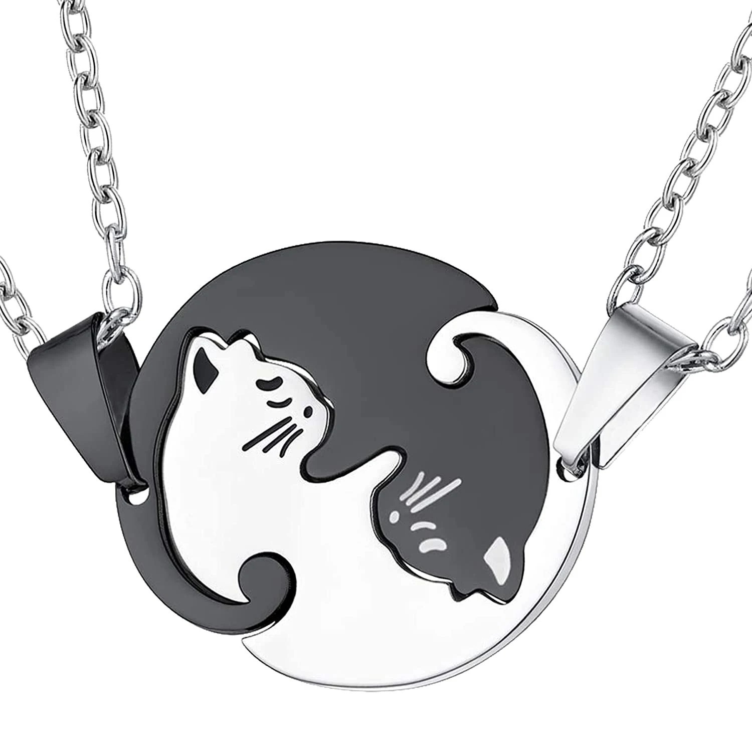Two Cat Couple Necklaces Jewelry Stainless Steel Black White Kitten Animal Penda