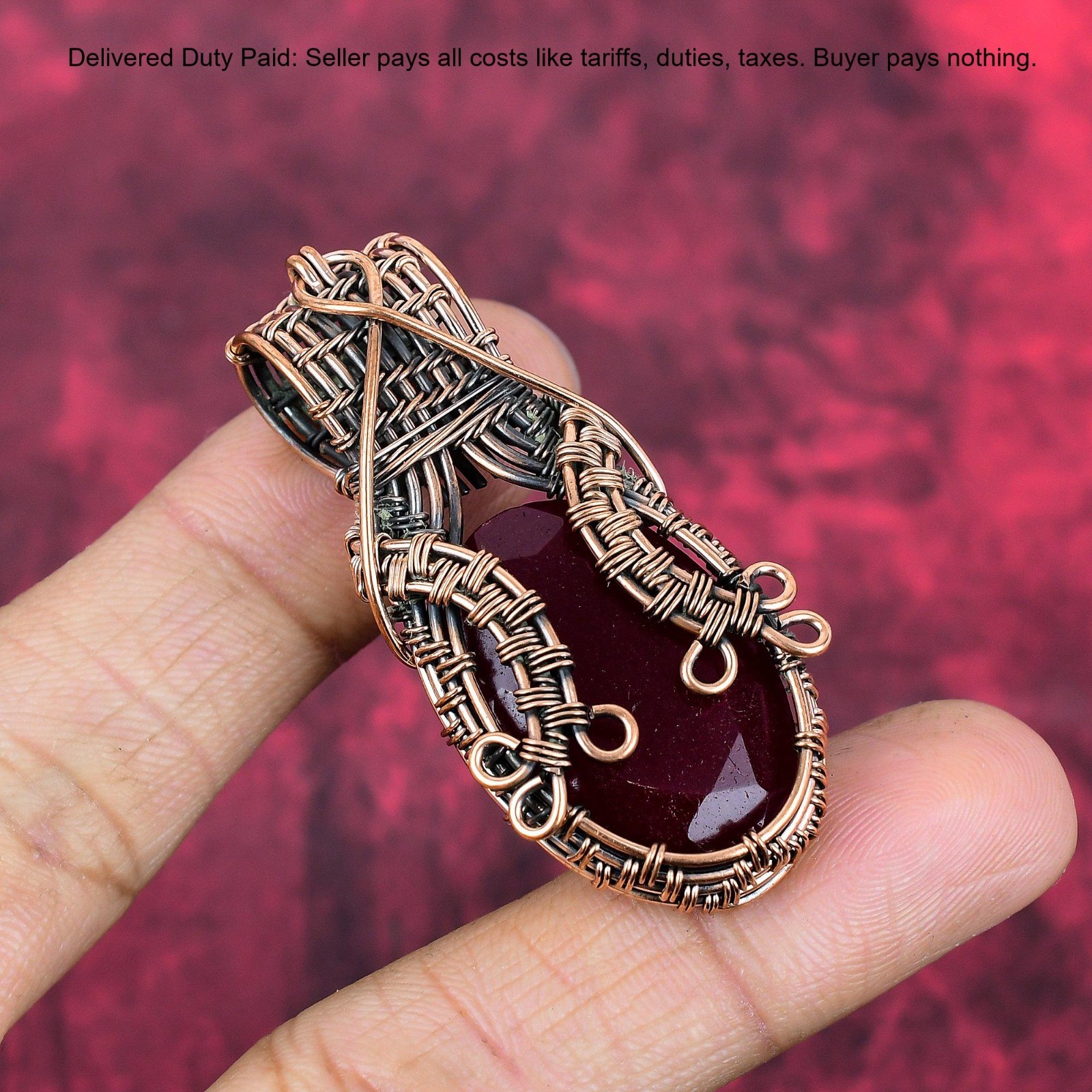 Kashmir Rubi Gemstone Art Deco Wire Wrapped Boho Daughter Pendant Jewelry Copper