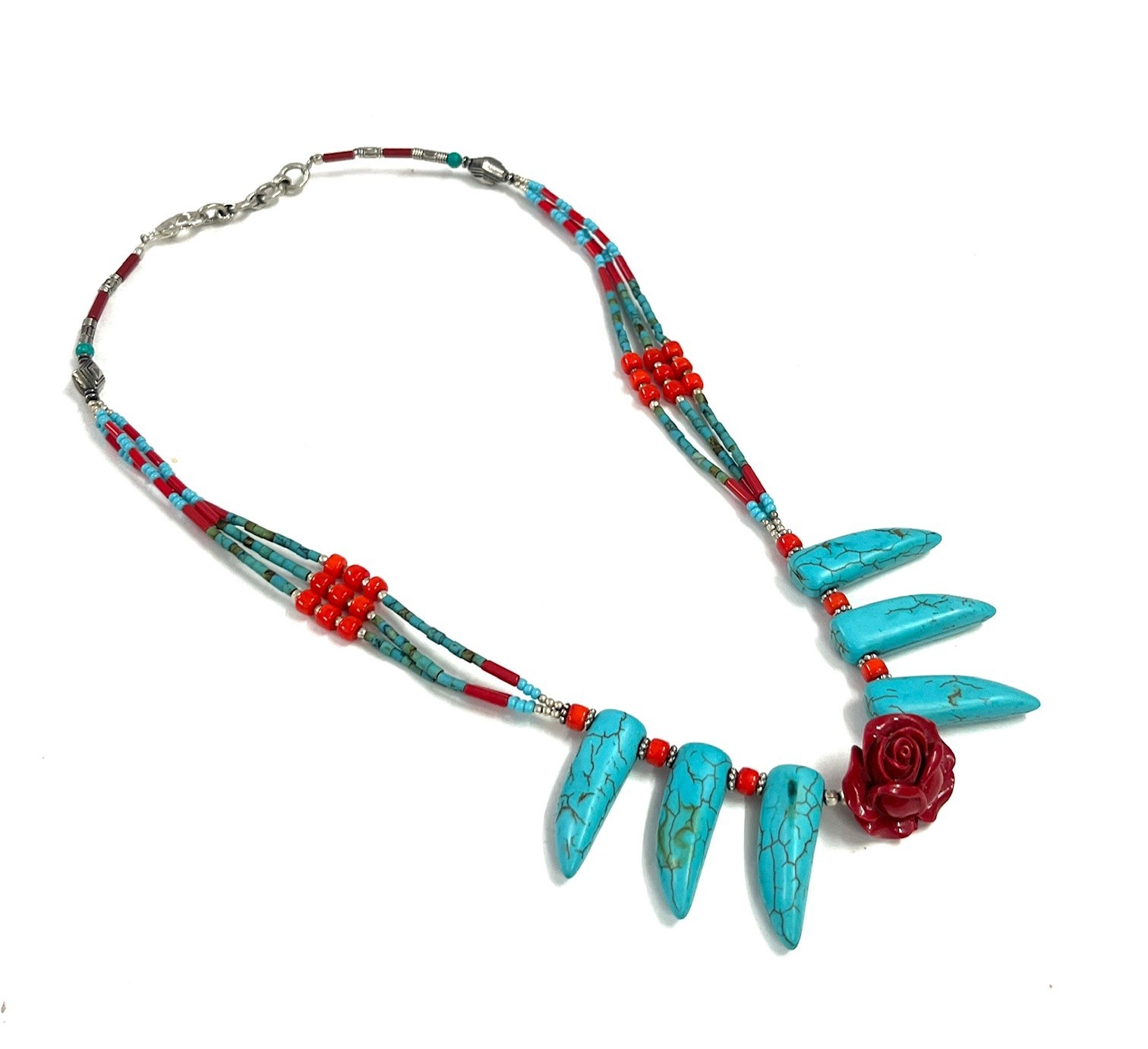 Coral Turquoise Gemstone Tibetan Tradional Necklace Jewelry, 18 inch Adju