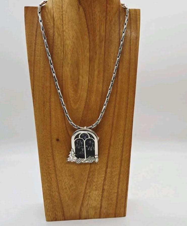 CHRISTMAS Pendant Necklace Brooch Window Scene Silver tone Necklace 20 in