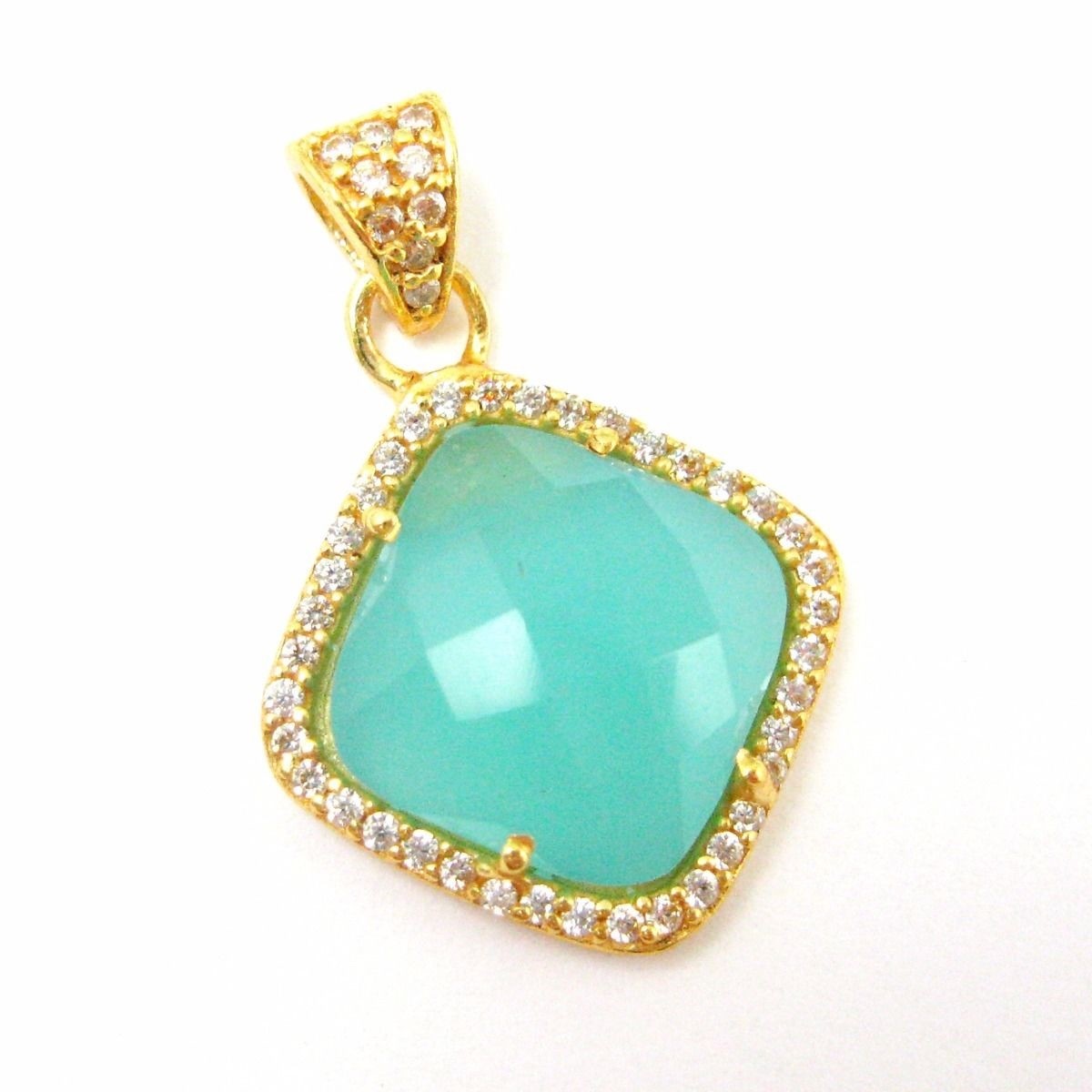Vermeil Gold Peru Chalcedony Plated Bezel Gem Pendant,Cubic Zirconia Pave 17mm