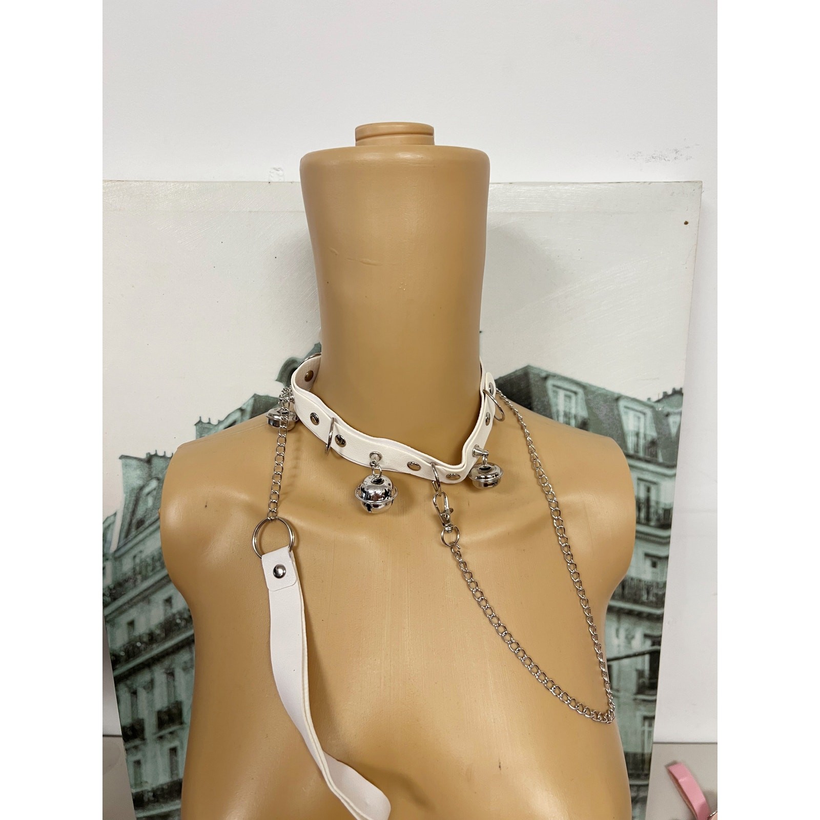 Gothic Faux Leather Choker Set with Detachable Chain Leash and Bell