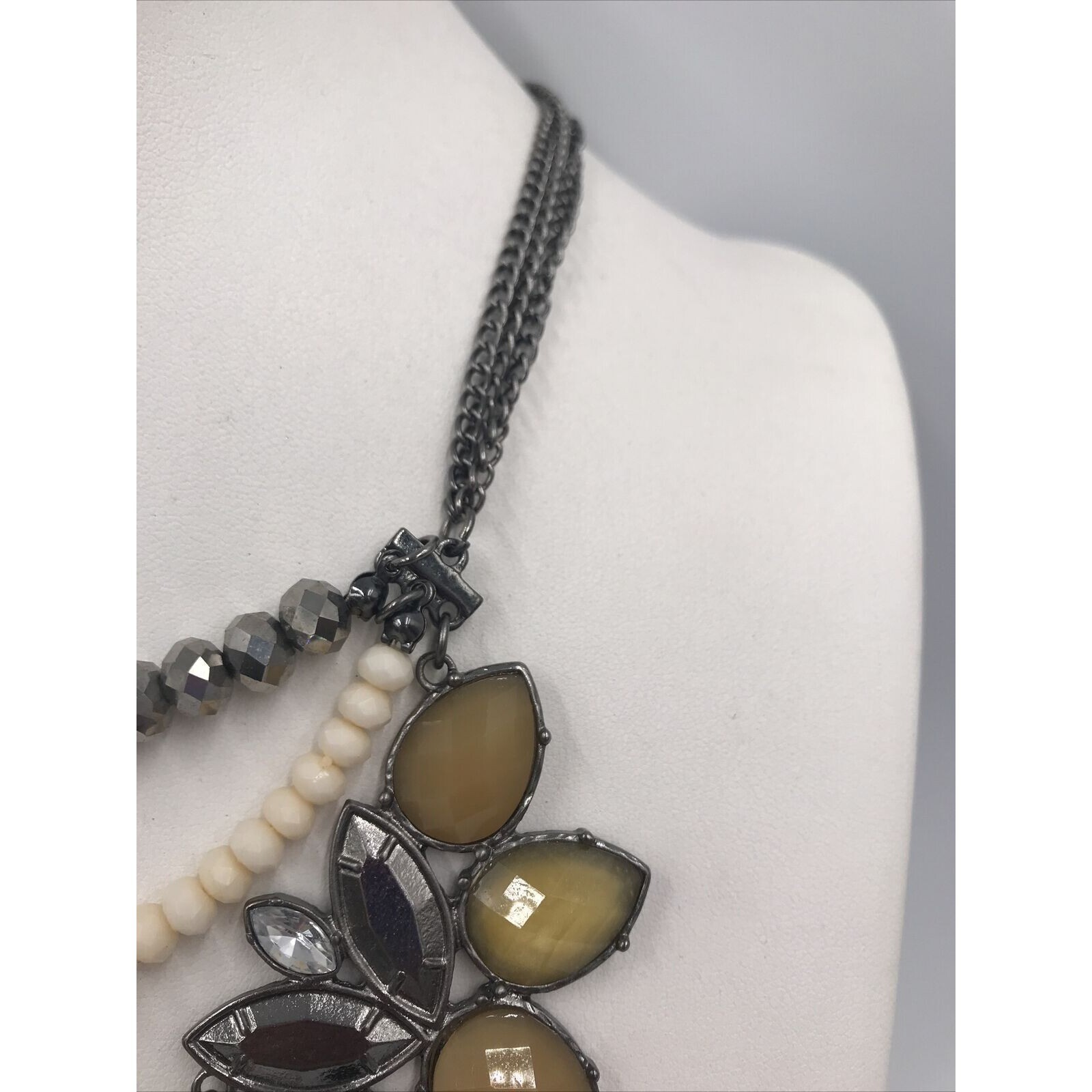Gun Metal tone Black/Grey Cream Rhinestone Necklace 18″ Statement layer strands