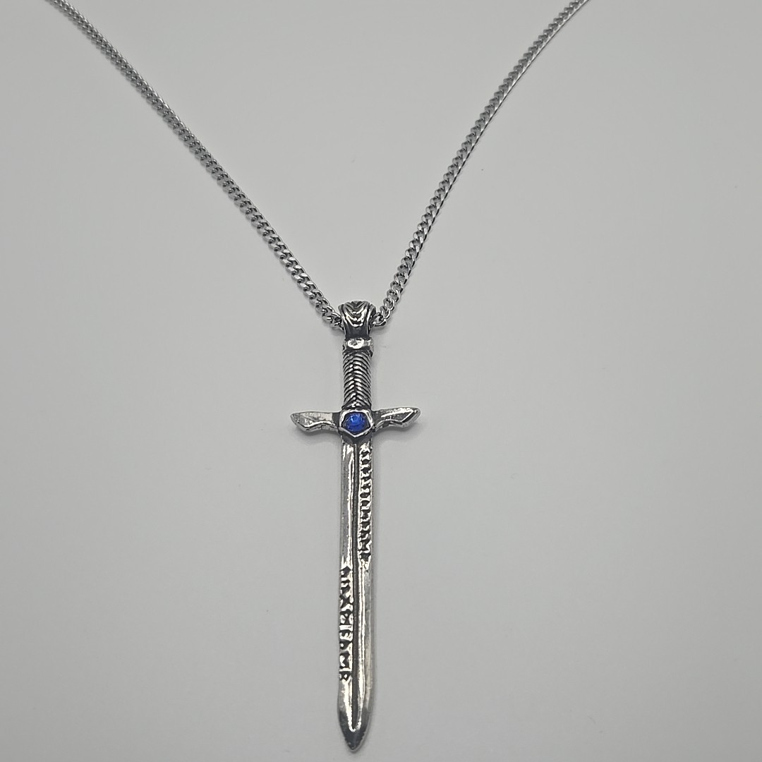 SWORD / BLUE STONE Pewter Pendant Charm /18″-24″ STAINLESS CURB CHAIN NECKLACE
