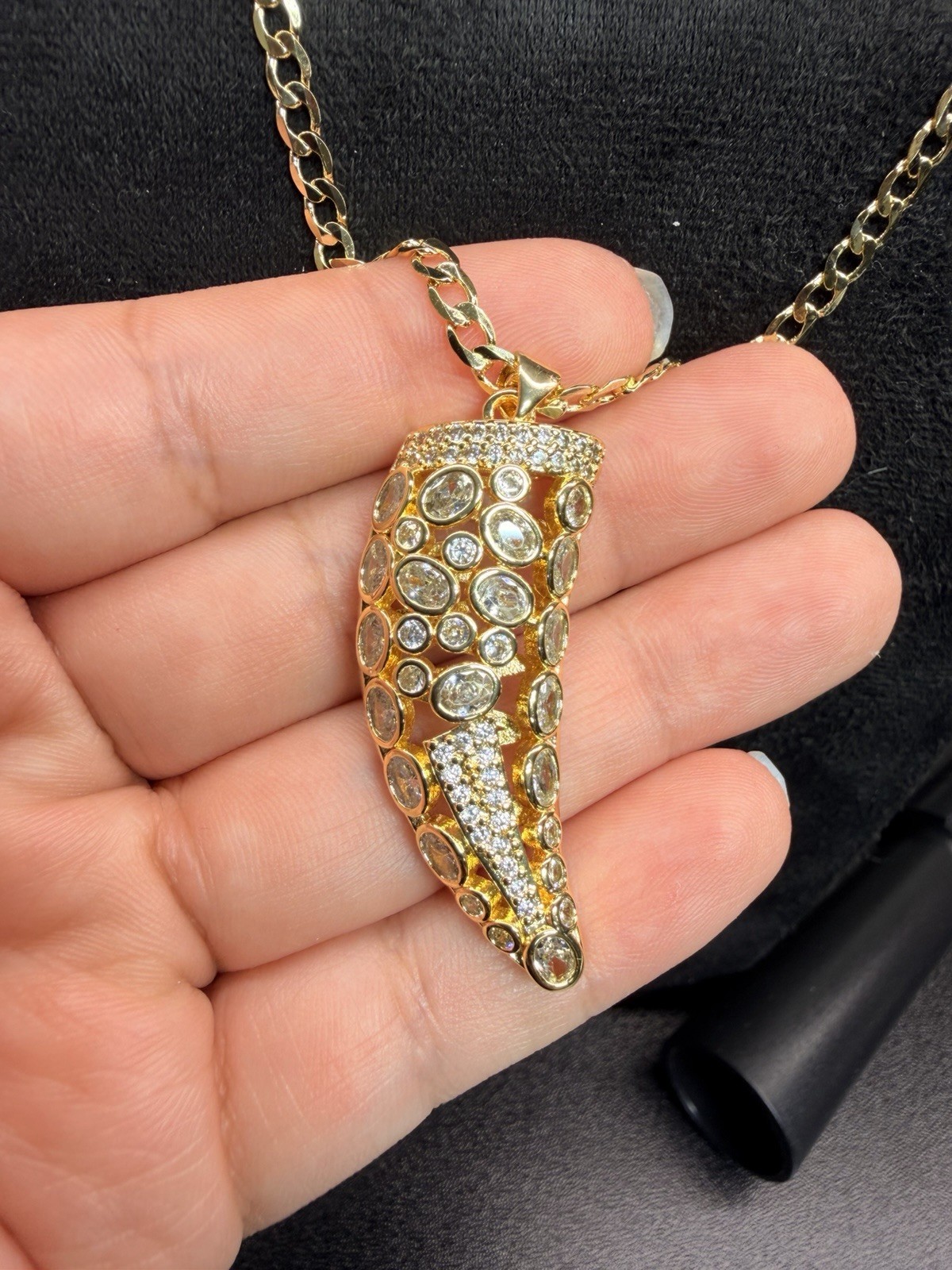 Gold Plated Pavé Rhinestone Fang Pendant Cuban Chain Necklace