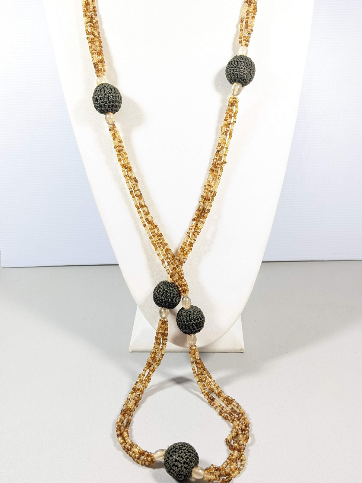 Brown Glass Bead Crochet Round Station Bead Long Necklace 52 inches Tribal Style
