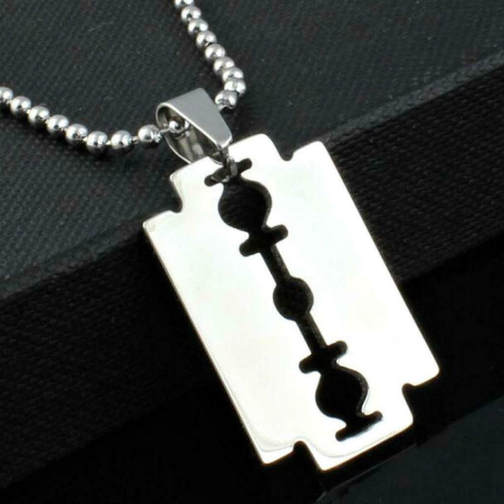 STAINLESS STEEL RAZOR BLADE PENDANT NECKLACE Chain Silver Charm Men Dog Tag