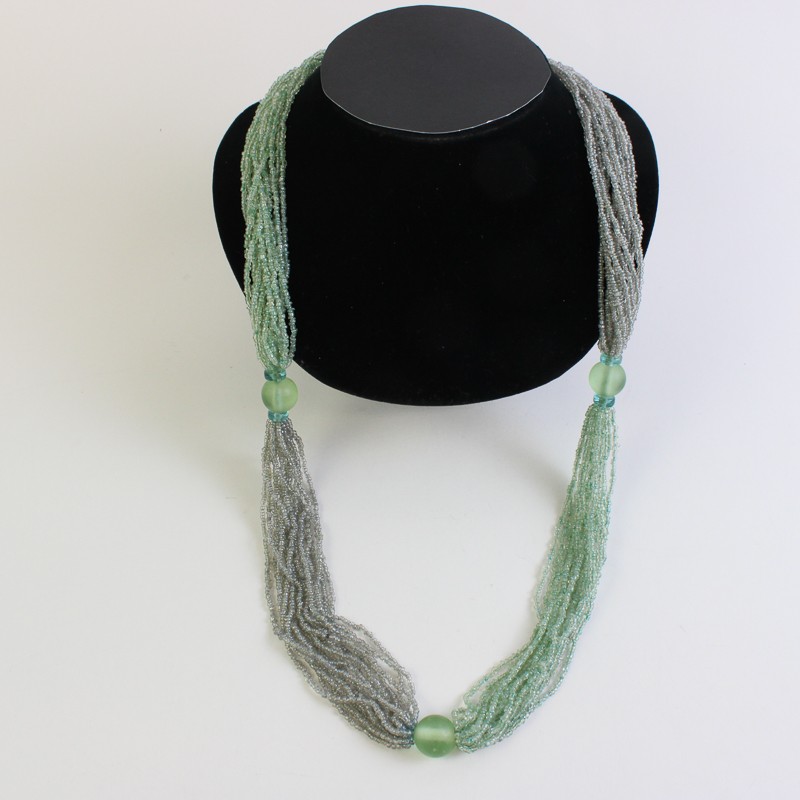 Green and Colorless Glass Multi-Strand Beaded Necklace Hook and Eye Closure 32″