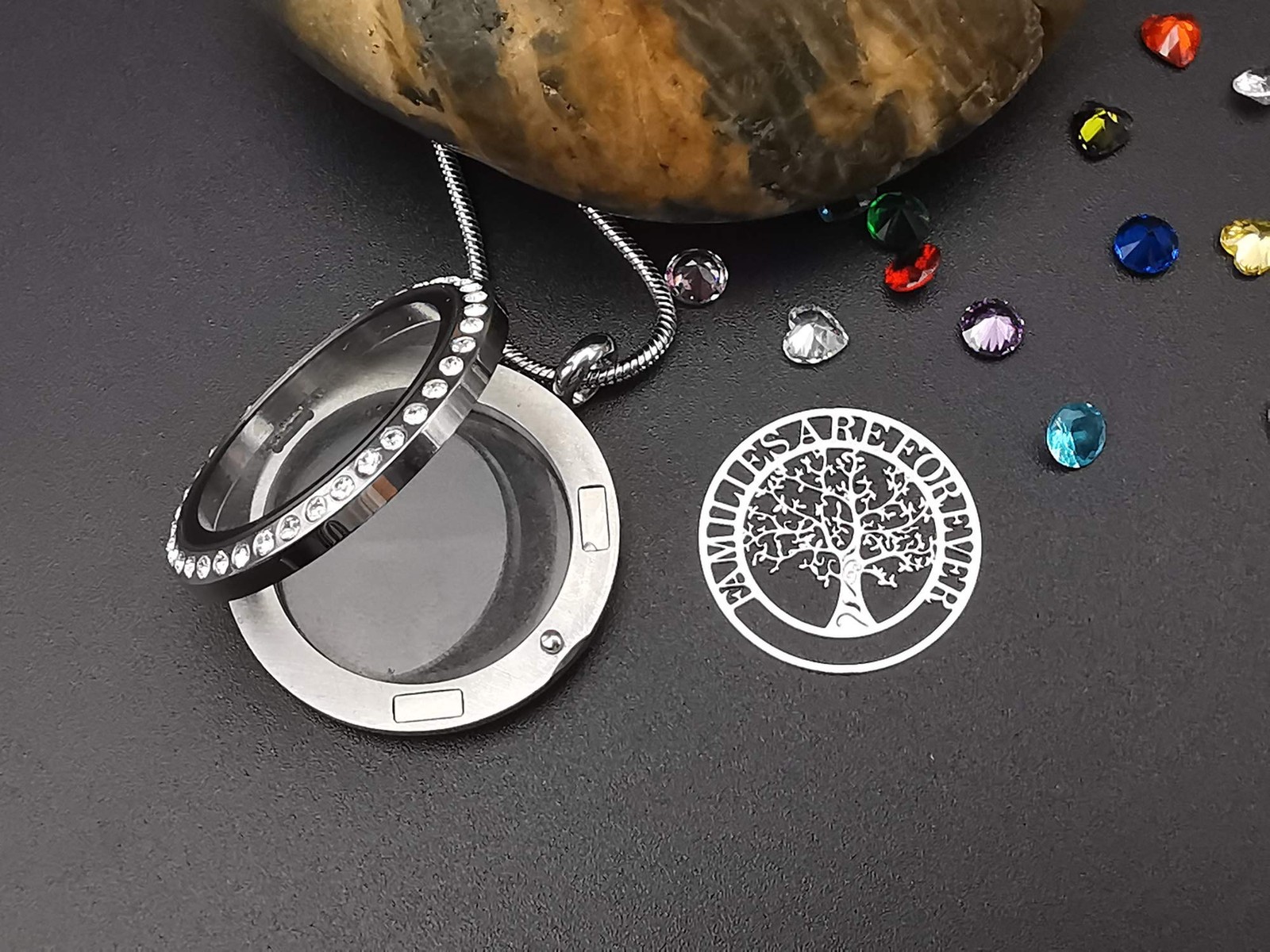 Family Tree of Life Necklace, Floating Locket with 24 Birthstones