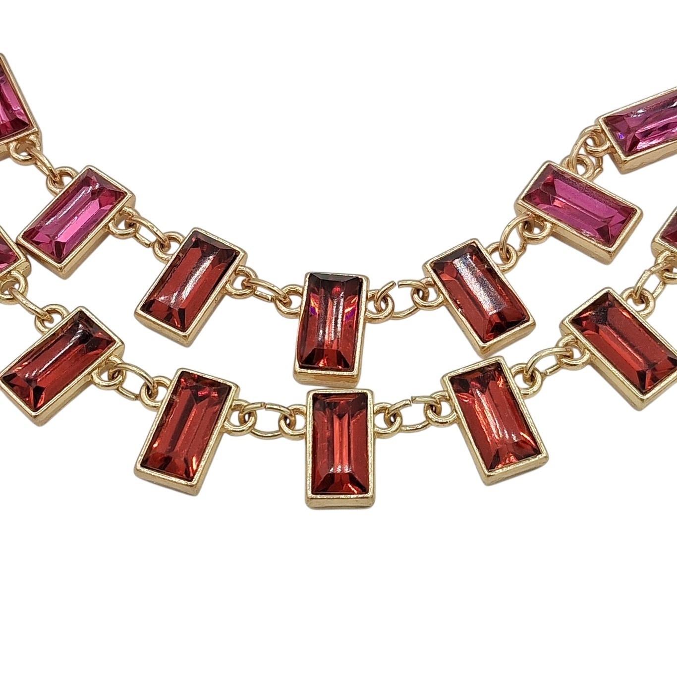 Gold Tone Ombre Red Pink Rhinestone Necklace Emerald Cut Two Strand 16-19″