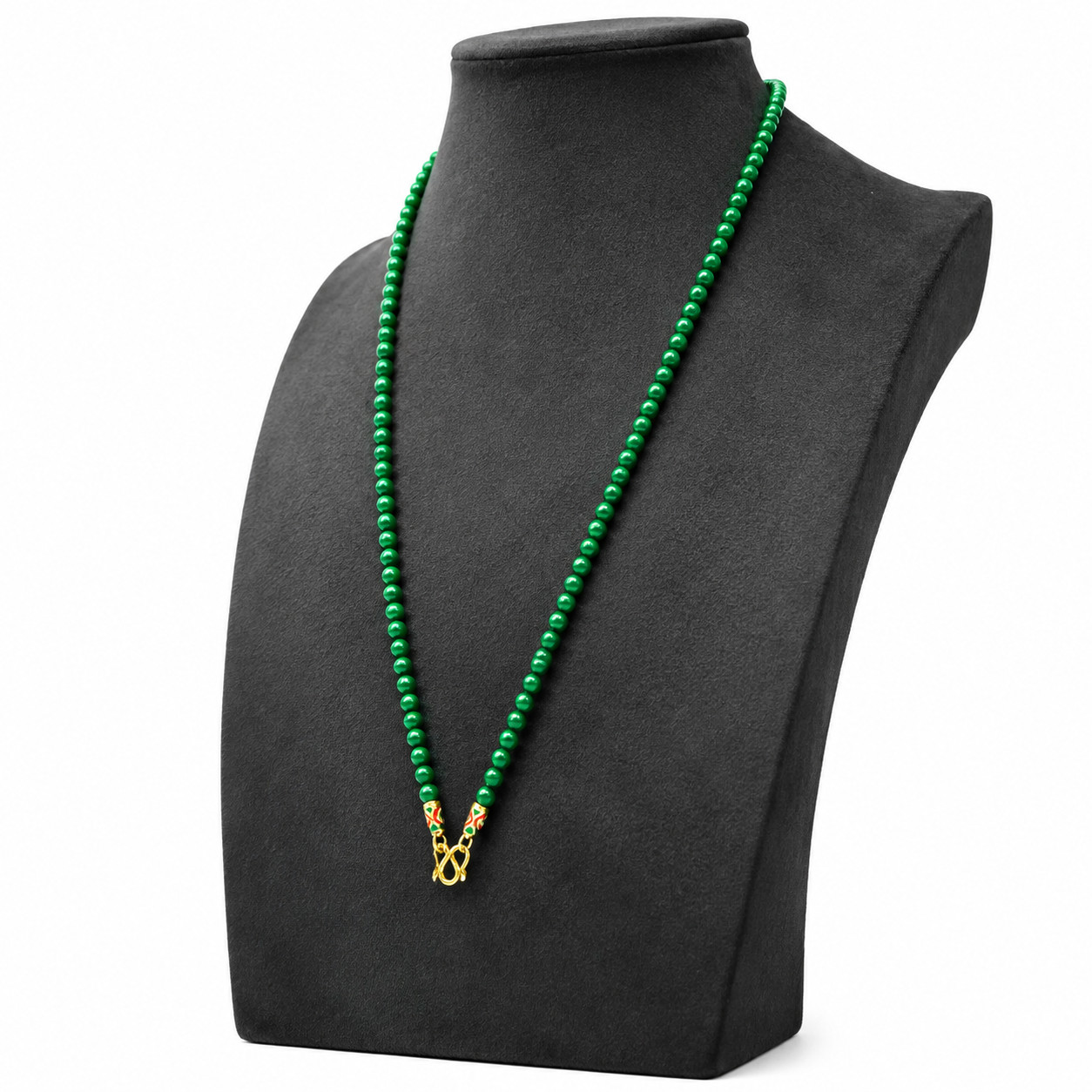 Bead Necklace Green Dyed Chalcedony Gemstone Round 4mm. Beads Gold Clasp 26 Inch