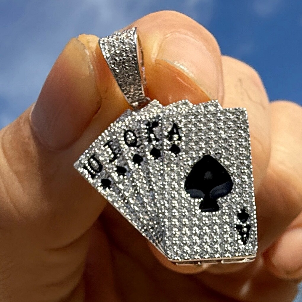 925 Sterling Silver Pendant Poker Playing Cards CZ Royal Flush Ace Spades Deck