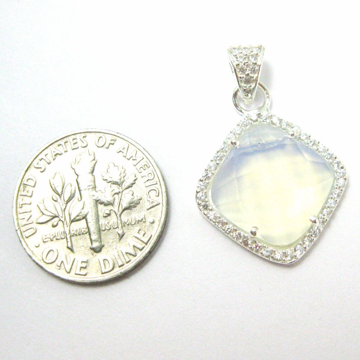 Sterling Silver Pave Opalite Bezel Gem Pendant,Cubic Zirconia Pave 17mm