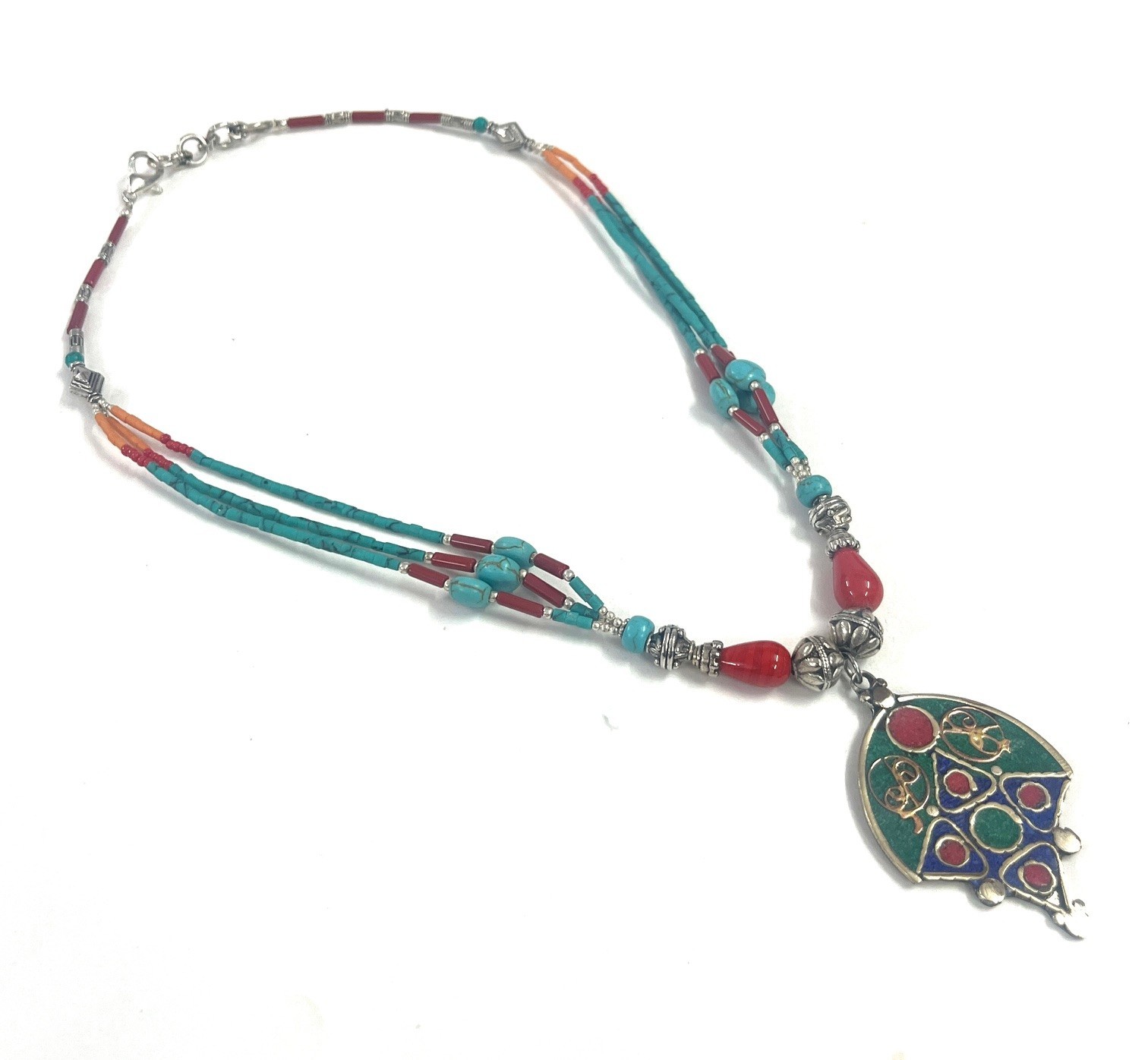 Malachite Turquoise Coral Gemstone Tibetan Pendant Necklace Jewelry, 18 Inc Adjs