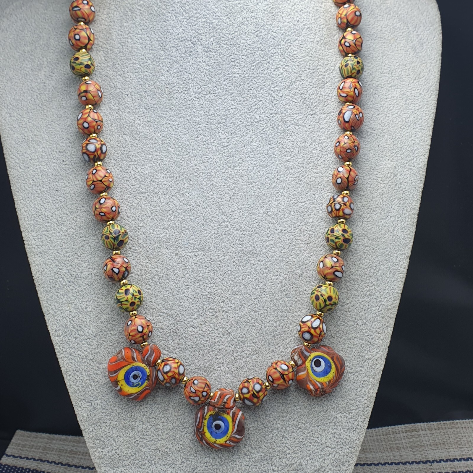 Vintage Venetian Style Eyes Glass with Old 3 Eyes Glass Beaded Necklace