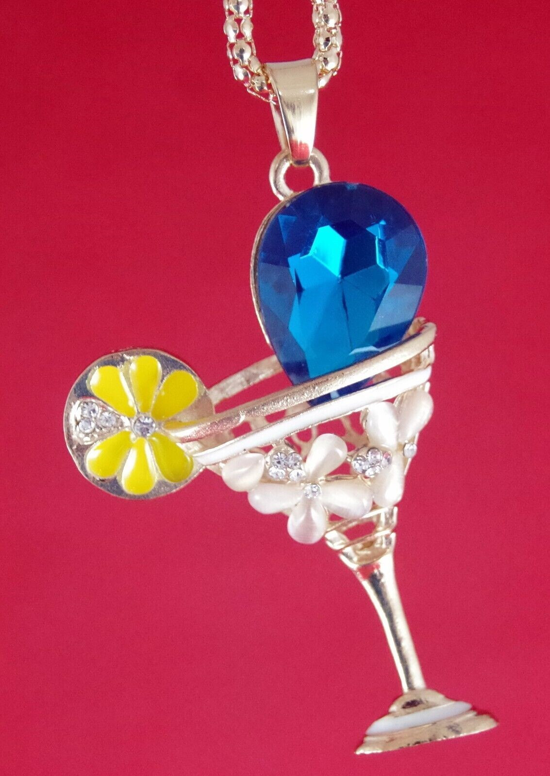 Betsey Johnson Crystal Blue Garnish Margarita 3D Pendant Necklace Free Gift Bag
