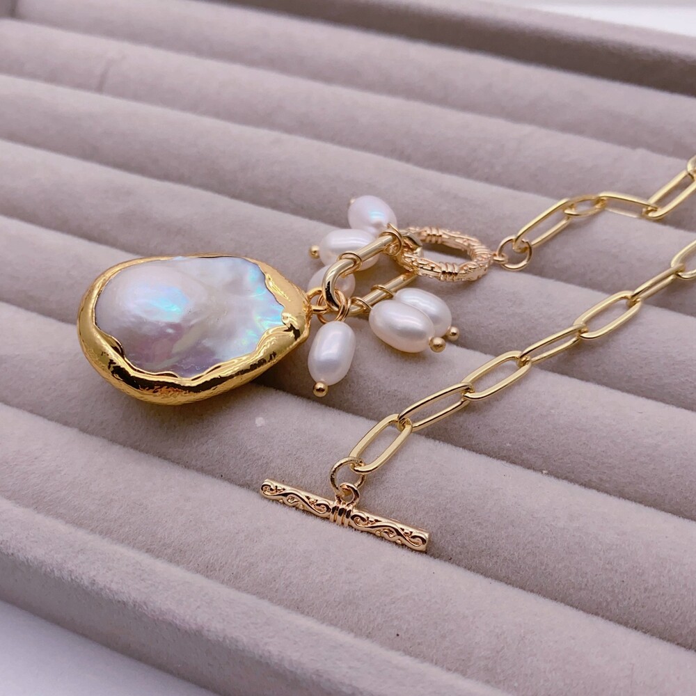 White Keshi Pearl Pendant Gold Plated Chain Necklace Simple Gift Natural Pearl