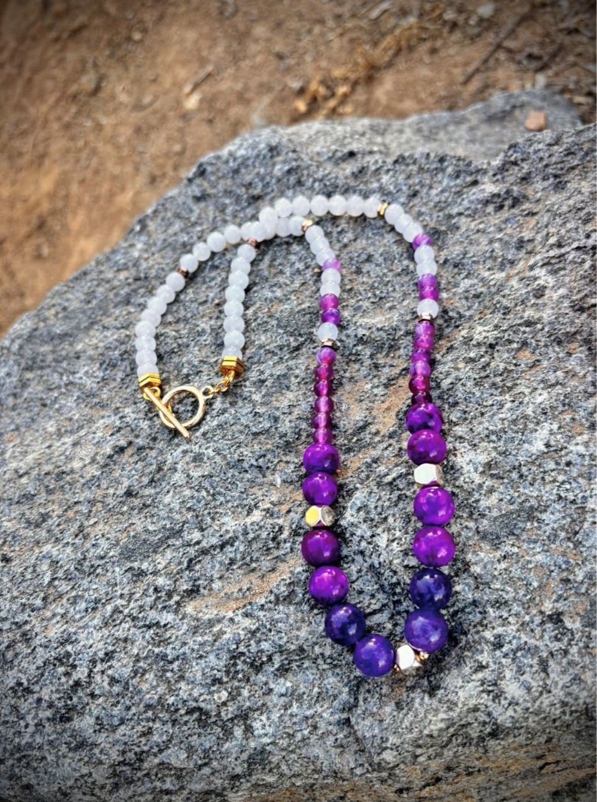 Purple, amethyst w/ white jade stone Necklace, Ball/Bead Chain, Toggle Clasp