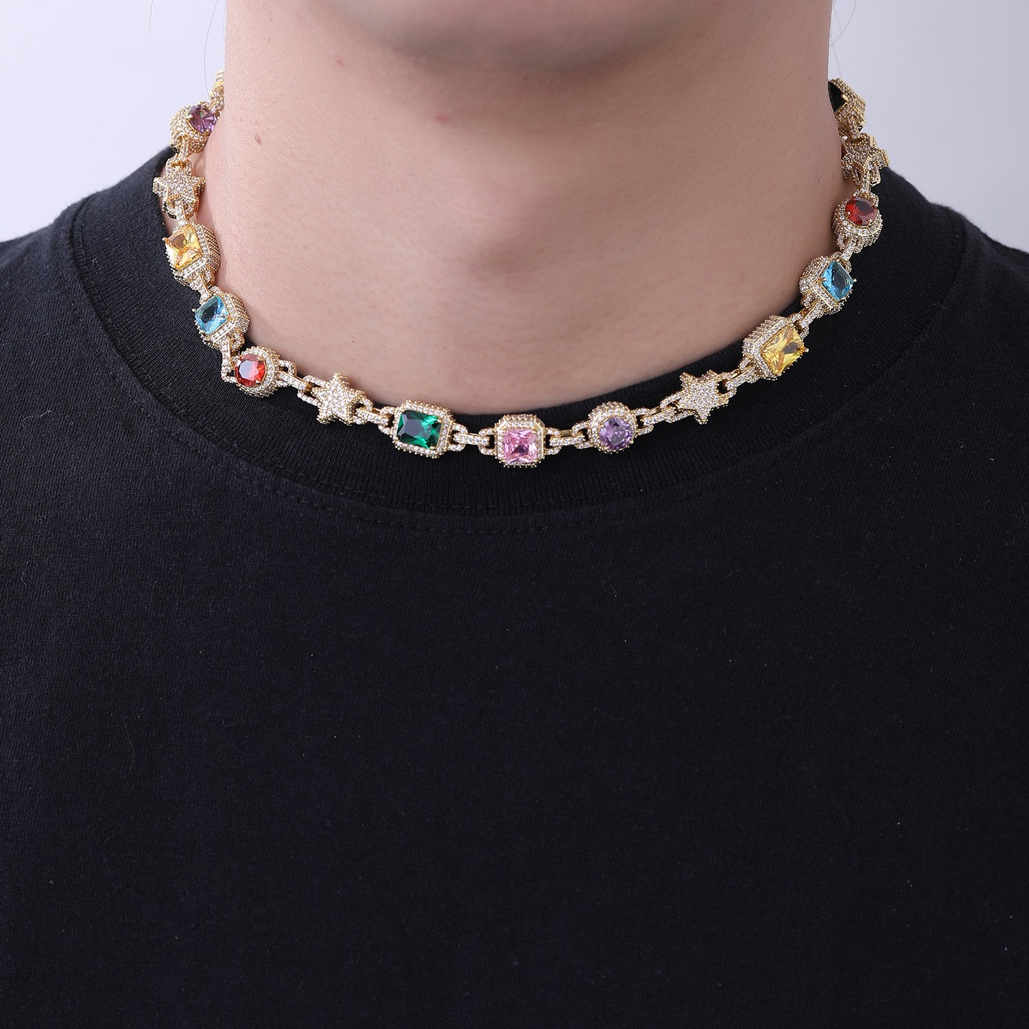 10mm Hip Hop Colored Zircon Crystal Star Chain Necklace Bracelet Choker Jewelry