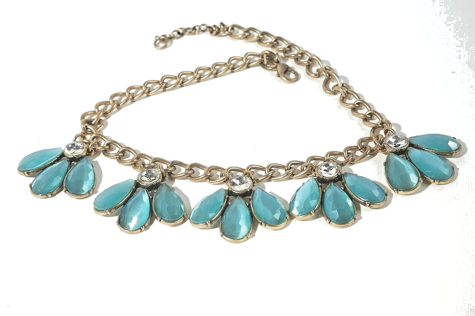 Banana Republic Antique Goldtone Necklace Blue Glass Petals +Rhinestones 16″+2″L