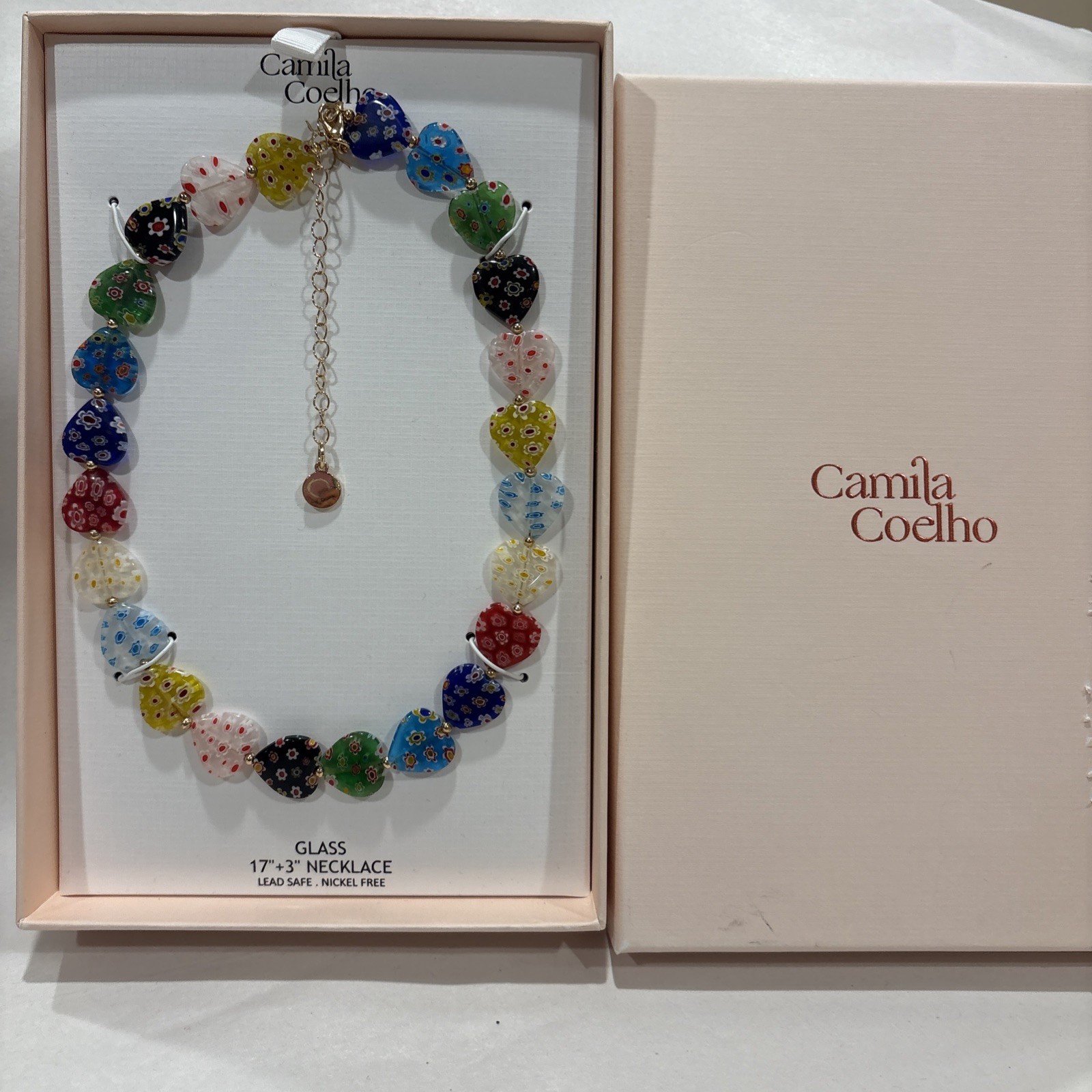 CAMILA COELHO Women Necklace Multicolor Millefiori Beaded Heart Glass 17”