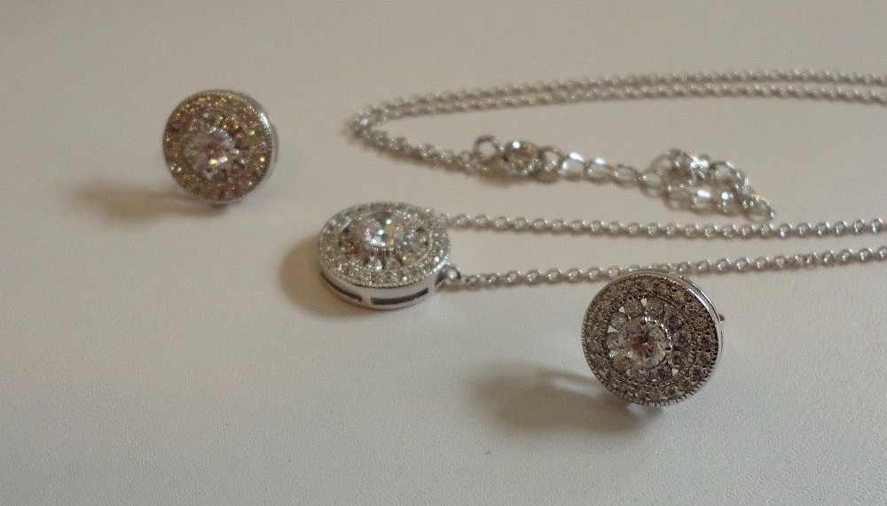 STERLING SILVER ROUND DESIGNERS NECKLACE &EARRING SET 3 CT LAB CREATED DIAMONDS