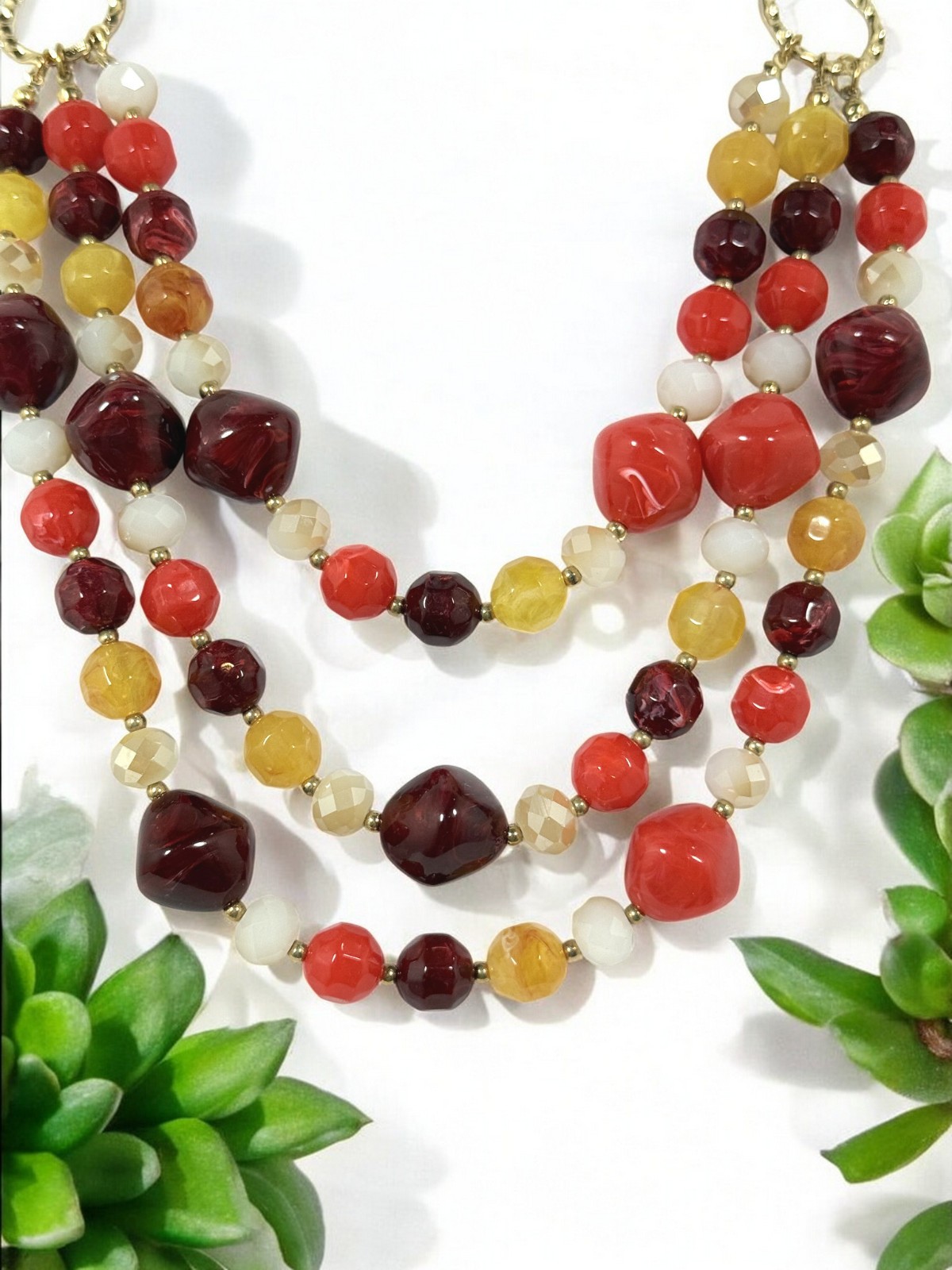 Colorful Multi-Strand Acrylic Bead Necklace & Earrings Set, Retro Color Necklace