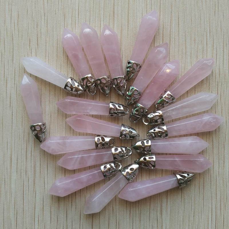 Natural 50pcs Rose Quartz Stone Hexagonal Pillar Pendant Bead Jewelry 10x32mm