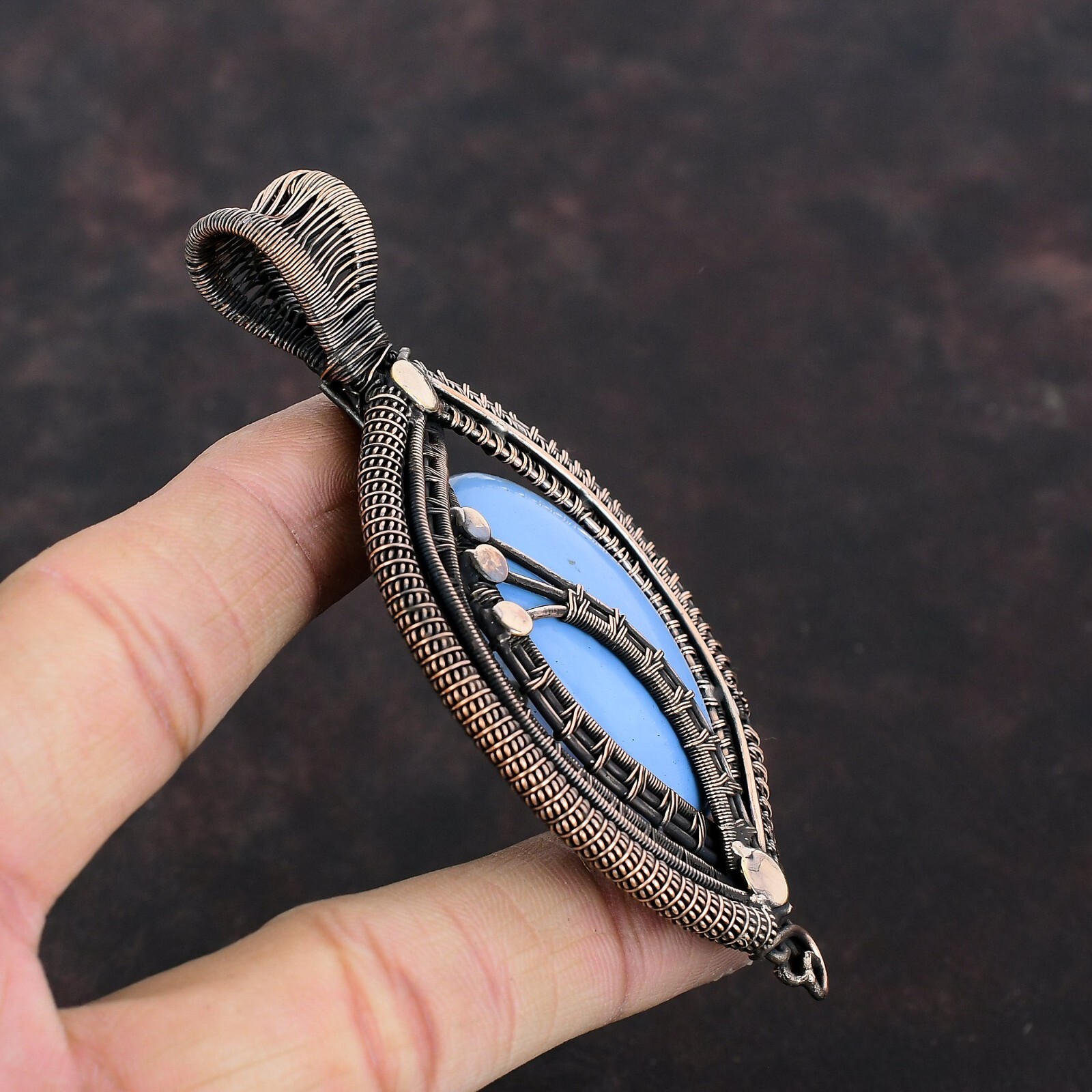 Angelite Gemstone Handmade Jewelry Copper Mum Gift Wire Wrapped Pendant 3.74″