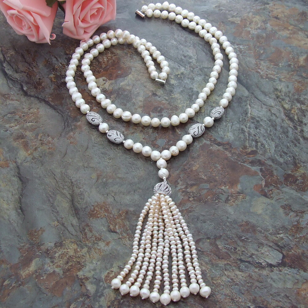 2 Strands Cultured White Pearl Necklace Cubic Zirconia Pave Pendant  22″