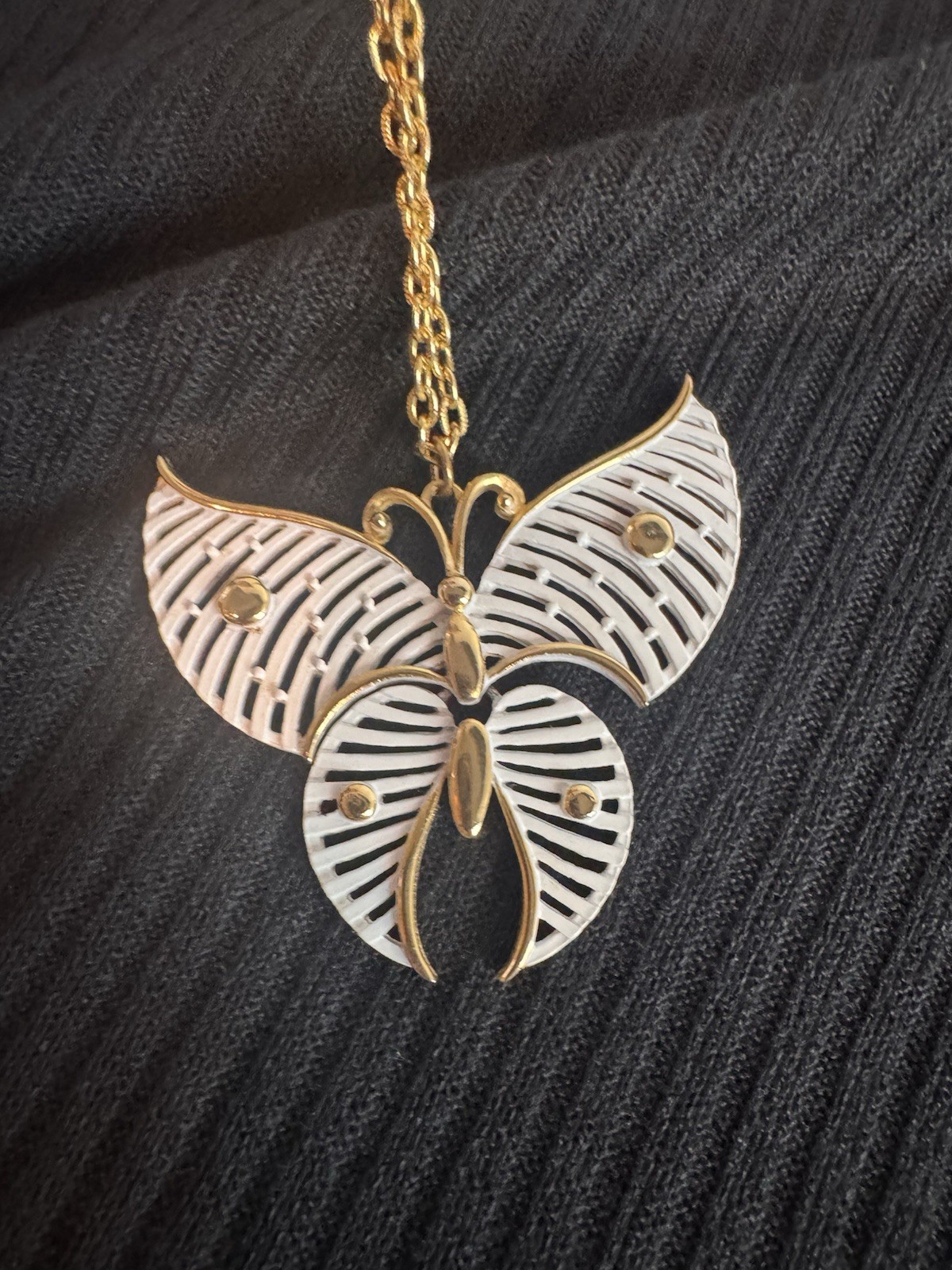 Vintage Butterfly Necklace White And Gold On Long Gold Tone Chain