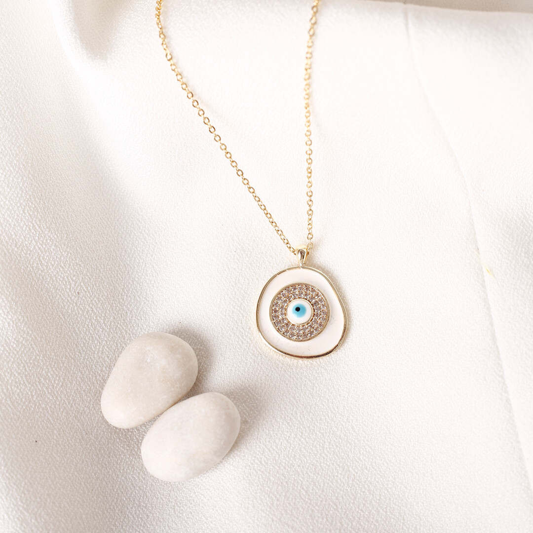 PERGEN 14K Gold-Plated White, Authentic Evil Eye Necklace Summer Minimalist Gift