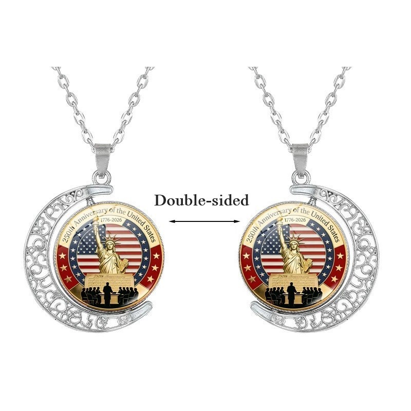 American 250th Anniversary Double-Sided Rotating Moon Alloy Necklace