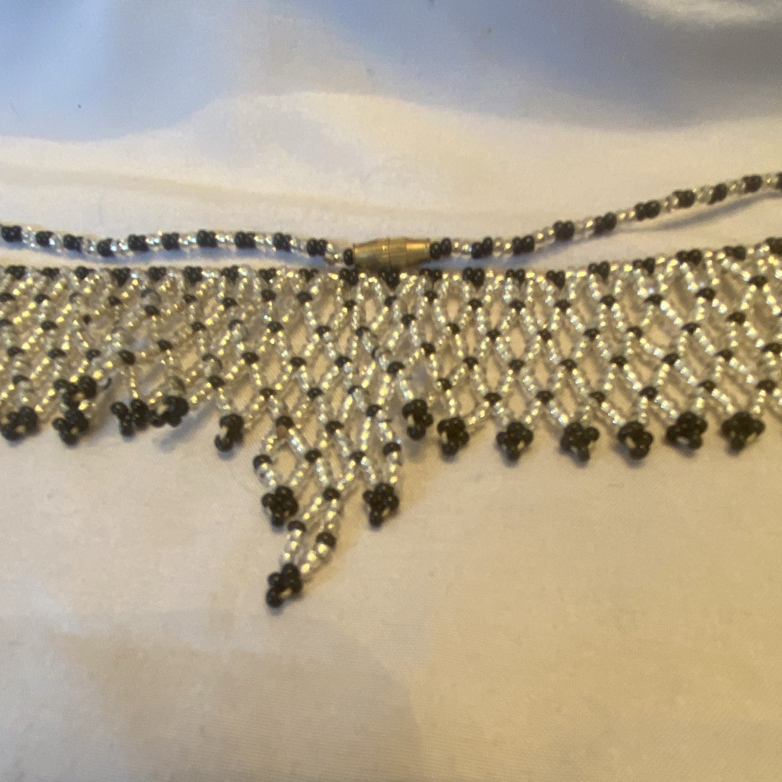 Black & Silver Beaded Crystal Bib Choker Necklace Ball/Bead Chain Barrel Clasp