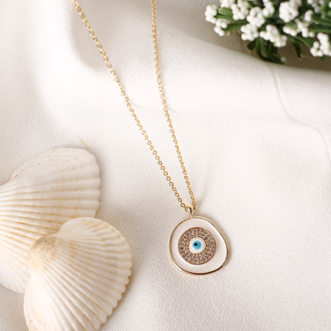 PERGEN 14K Gold-Plated White, Authentic Evil Eye Necklace Summer Minimalist Gift