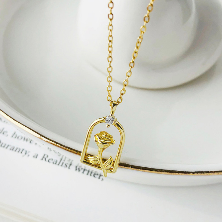 Women18K Gold Vase Rose Love Flower Pendant Necklace Sterling Silver 15-17″ D21