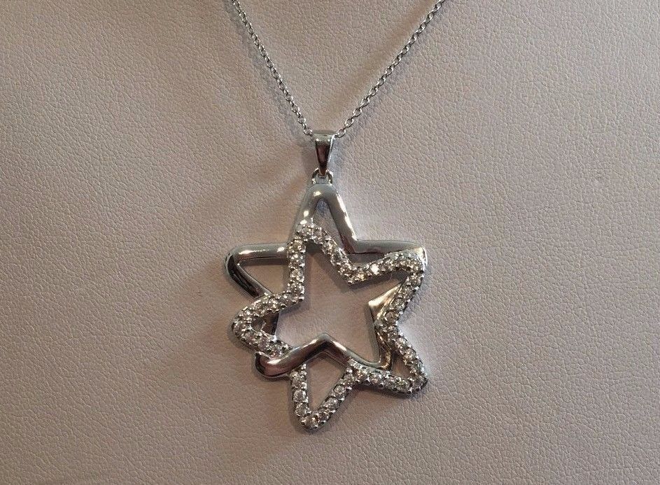 925 SILVER SILVER DOUBLE STAR PENDANT NECKLACE W/2 CT ACCENTS/18”