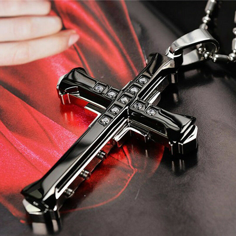 New Unisex Silver & Black Catholic Jesus Crucifix Cross Pendant Necklace