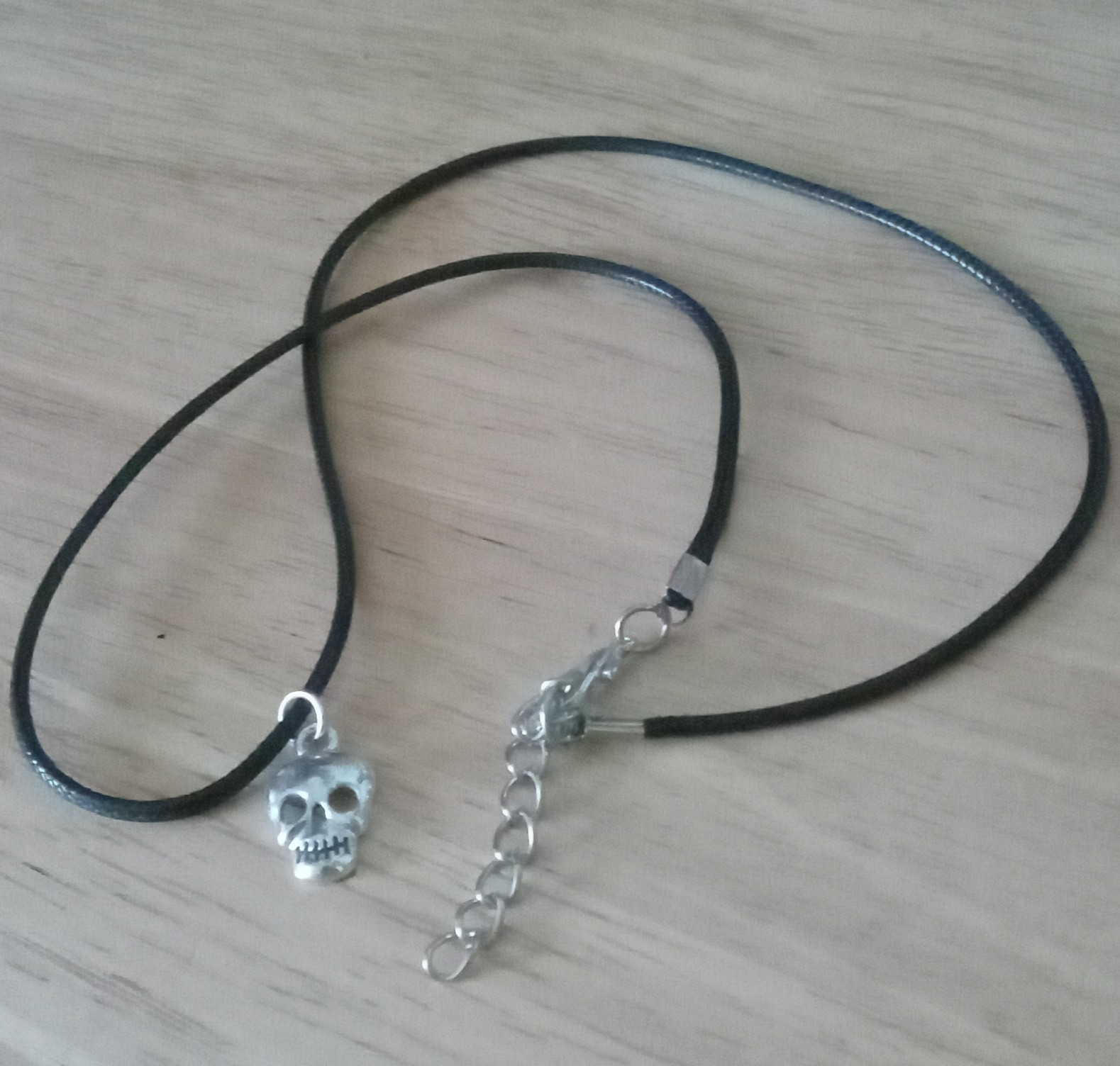 Black Cord Necklace Silver Tone Skull Charm Pendant Adjustable Lobster Closure