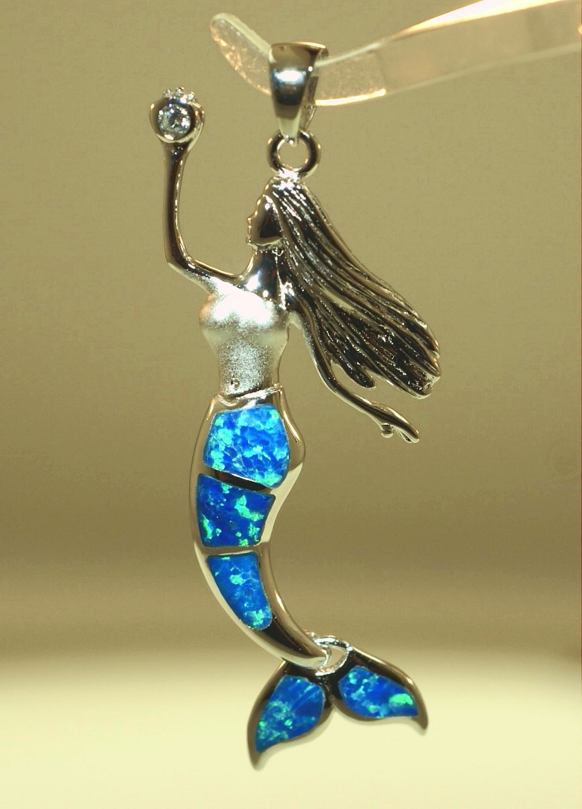 28MM RHODIUM 925 SILVER INLAID BLUE OPAL WIGGLING HAWAIIAN MERMAID CZ PENDANT