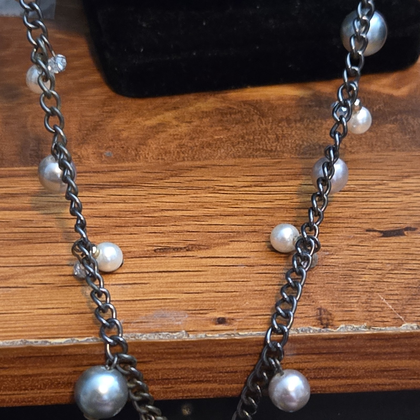 Silver Tone Cable Chain Necklace Faux Pearl Dangles Round Rhinestone Charm