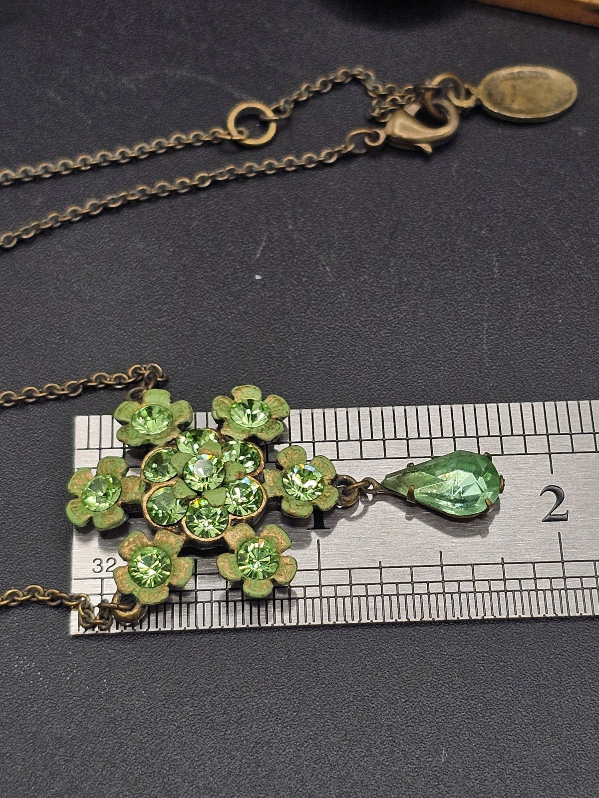 Signed Michal Negrin Peridot Green Swarovski Crystal Floral Necklace Bronze Tone