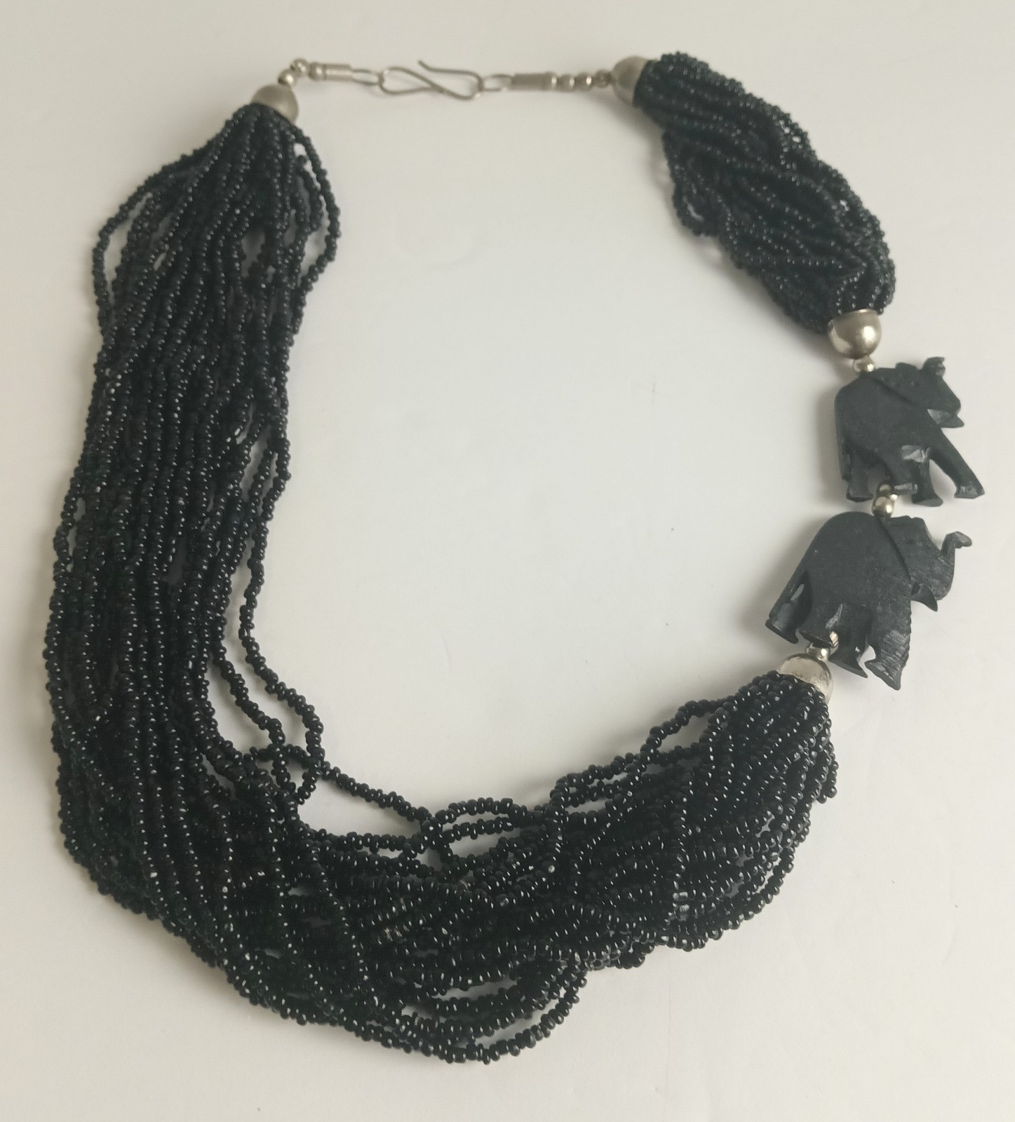Layered Seed Bead Tribal Necklace with Carved Wooden Elephants Upturned Trunk