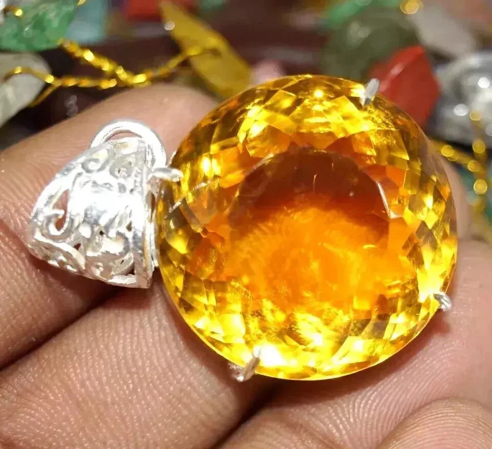 90 CT+ Flawless Yellow Citrine Pendant 925 Sterling Silver Plated Jewelry