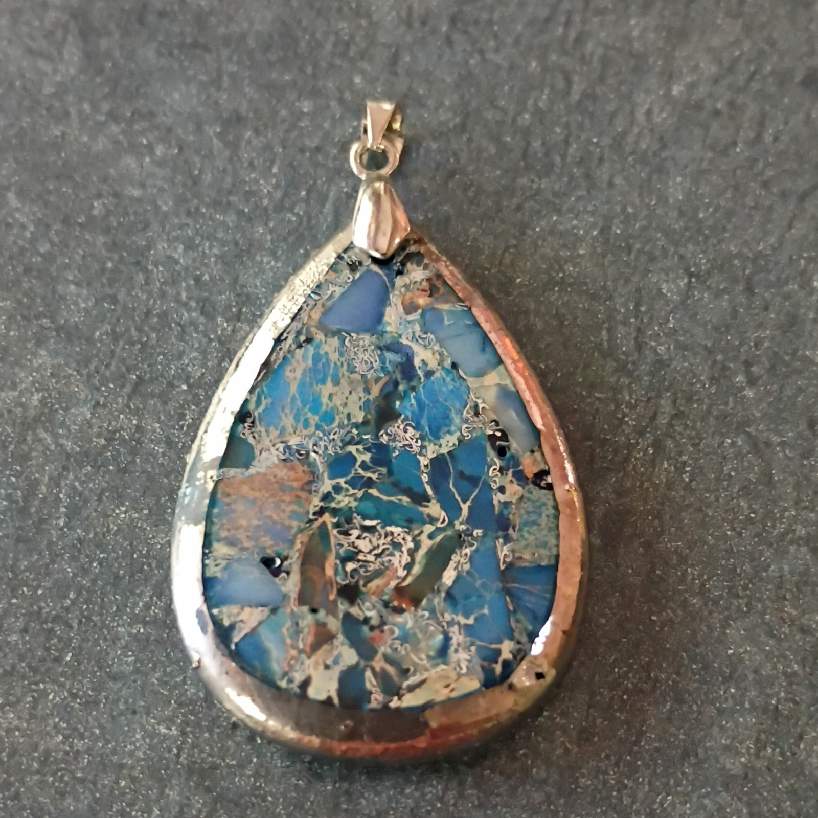 Teardrop Blue Jasper Stone Charm Pendant Silver Tone Bezel Setting w/ Bail