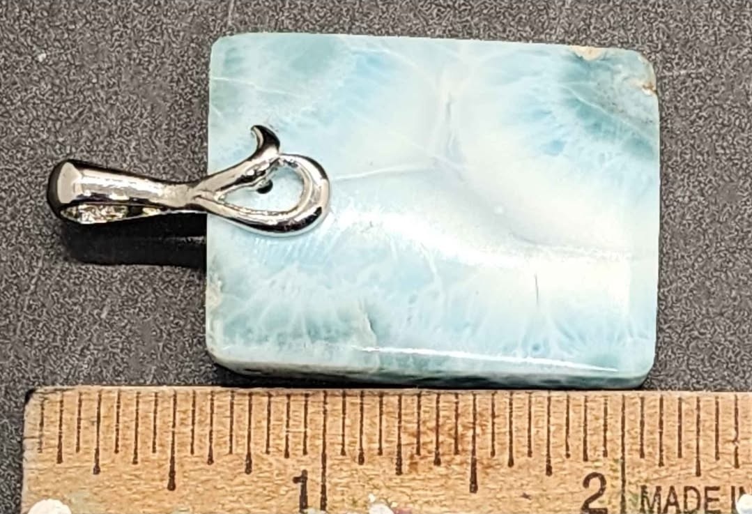 Silver Larimar/Pectolite Rectangle Stone Charm Pendant w/ Silver-Tone Bail