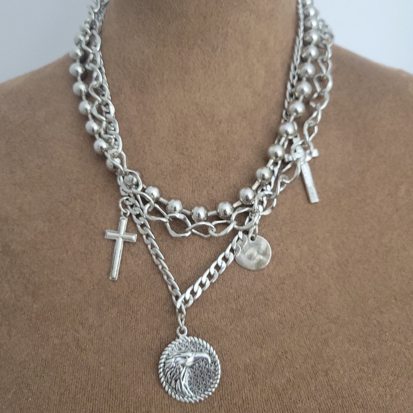 Silver Layered Charm Necklace Cross Eagle Medallion Chunky Chain One Size Grunge