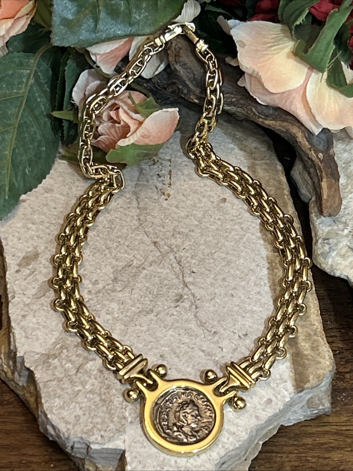 46. Gold tone Faux Roman Coin Basket Braided Chain link Collar Necklace 16 1/2″