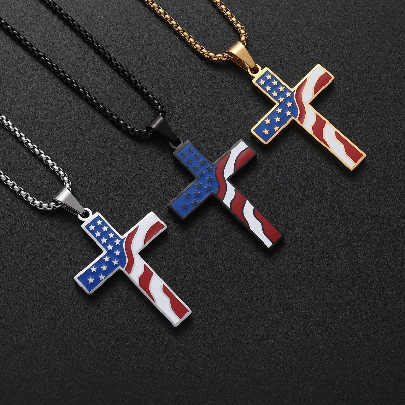 Stainless Steel Religious Christmas Enamel American Flag Cross Pendant Necklace