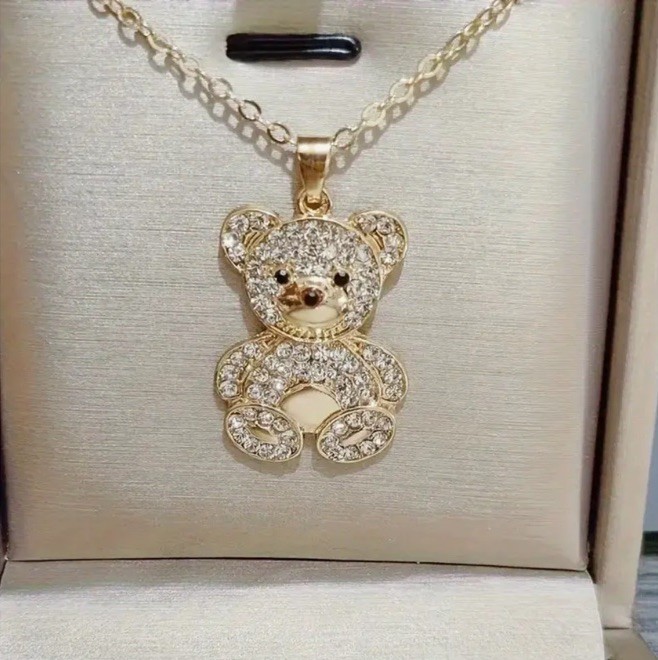 Gold Teddy Bear Clear Rhinestone Pendant Necklace Fashion Fun Jewelry